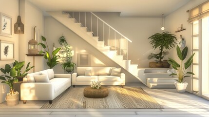 Fototapeta premium A bright and airy living room with a white sofa, a wooden coffee table, and a staircase leading to the upper floor. Sunlight streams in from the windows, illuminating the room and the plants.