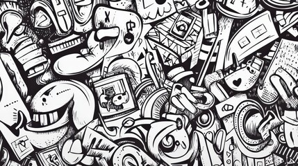 Intricate black and white doodle art with abstract and playful elements