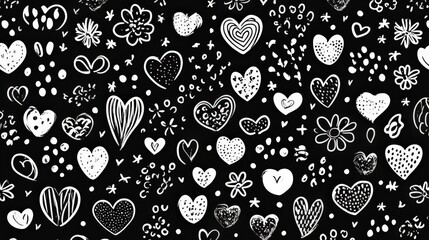 Hand-drawn hearts and flowers pattern on a black background