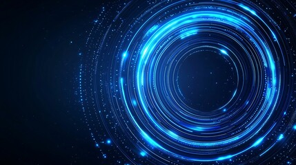 Abstract glowing circle lines create mesmerizing pattern on dark blue background, evoking sense of depth and motion. This digital artwork is perfect for technology themed projects