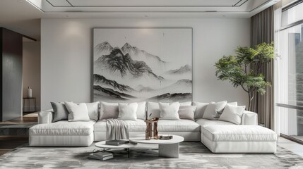 Modern living room with white sectional sofa, a coffee table, and a large abstract painting of mountains and fog.