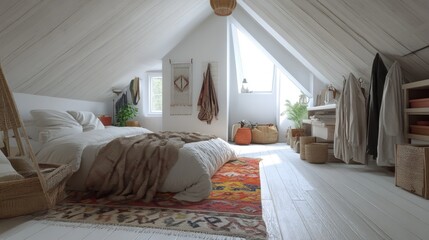 A cozy attic bedroom with a bed, rug, and natural light.