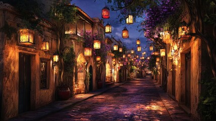 Obraz premium Street illuminated by lanterns and flowers on a charming evening