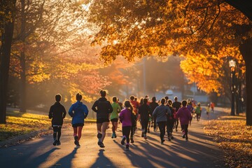 Friends and family participating in a charity run on Thanksgiving morning. 