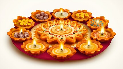 Festive plate with clay lamps and sweets for diwali celebration