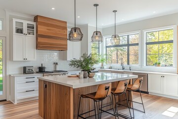 Fototapeta premium White and wooden kitchen interior with island, Generative AI
