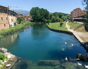 Panoramic view of the Velino river as it passes through the city of Rieti, Italy