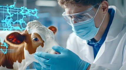 veterinarian examines cow with advanced technology, showcasing integration of science and animal care. scene highlights importance of veterinary medicine in livestock health