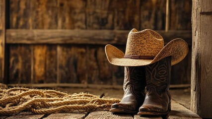 A straw cowboy hat sits on a pair of brown cowboy boots in a rustic barn setting - Powered by Adobe