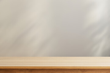 Wooden table top white wall blur leaves shadow background - can used for display or montage your products.