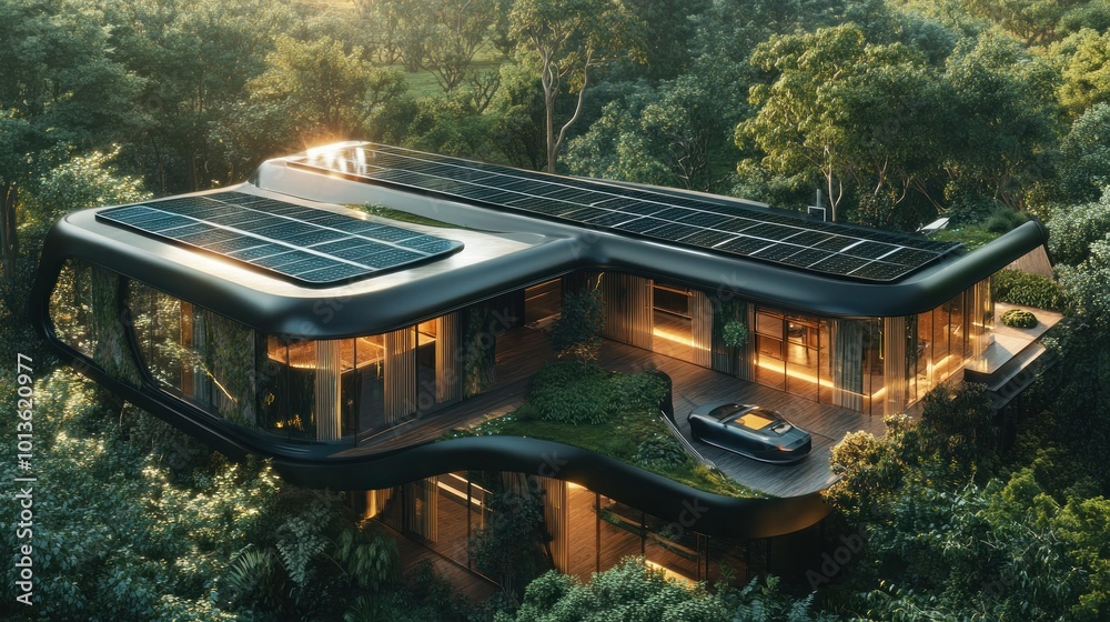 Poster Modern Sustainable House with Solar Panels and Electric Car in a Forest