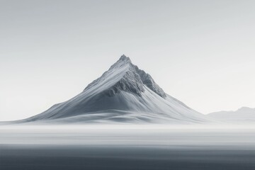 Majestic snow-covered mountain peak against a serene, cloudy sky in a tranquil landscape