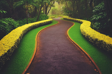 Obraz premium Serene winding path through a lush garden with vibrant yellow hedges in early morning light