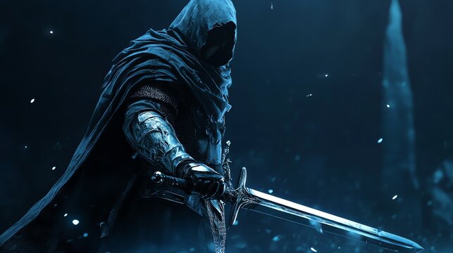 Fototapeta A hooded figure in dark armor stands with a sword in a snowy, blue landscape.