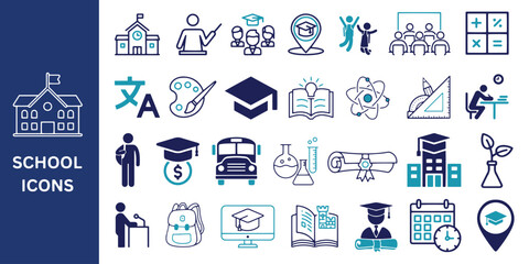 School Icon Set. School teacher, students, classroom, education, and knowledge icons Vector.