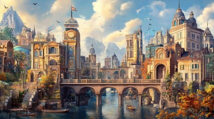 Obraz premium A Watercolor Painting of a City with a Bridge and a Canal
