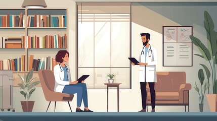 A doctor and patient review a diagnosis in a well-lit consultation room filled with books and plants. Generative AI