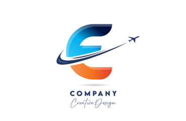 E corporate letter alphabet logo icon design with swoosh plane suitable for an air or aerospace travel company or business