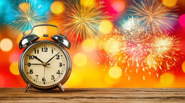 Alarm clock with fireworks in the colorful background celebrating new year