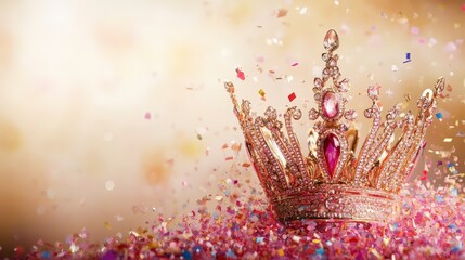 Ornate crown surrounded by colorful falling confetti and sparkling lights