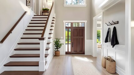 Bright and airy entry foyer with a white staircase, light hardwood flooring, and a dark walnut front door
