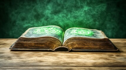 Mystical book with glowing green symbols and magical aura