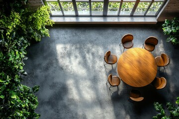 Top view of meeting corner interior with table and chairs, panoramic window, Generative AI