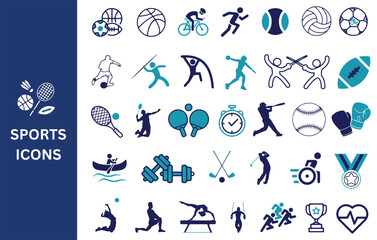 Sports Icon Set. Running, basketball, football, trophy, competition, medal, gym, volleyball, boat.