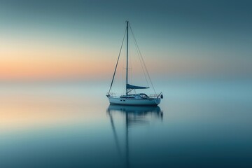 Fototapeta premium A peaceful sailboat drifting gently on calm waters at sunrise