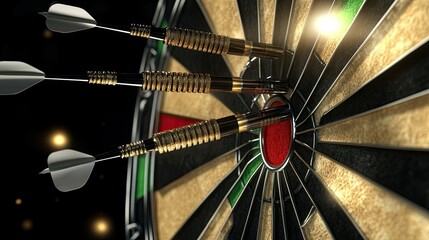 Three darts are striking the bullseye of a dartboard, illuminated by sunlight with a soft bokeh background, symbolizing precision and success in competitive sports