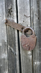 A close-up of an old, rusty padlock securing a weathered wooden door, showcasing the texture of the aged wood and the corroded metal.