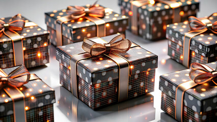 Obraz premium Flat Glossy Diwali Gift Boxes with Glowing Ribbons in a Colorful Festive Pattern on a Bright Background for Joyful Celebrations