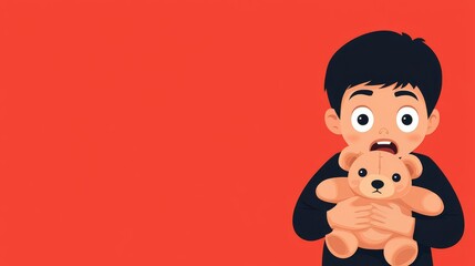 Child clutching a stuffed animal, wide eyes of fear, flat design illustration, copy space for text,