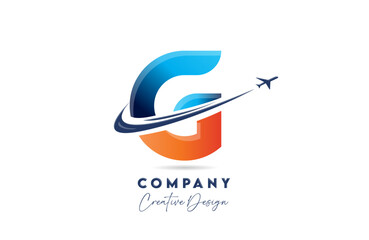 G corporate letter alphabet logo icon design with swoosh plane suitable for an air or aerospace travel company or business