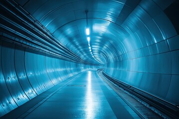 Illuminated underground tunnel with sleek walls and smooth pathways during nighttime