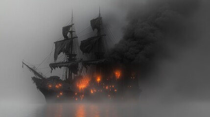 Naklejka premium Ghostly pirate ship engulfed in flames and smoke on misty waters