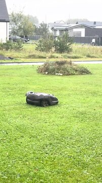 The lawnmower robot mows the grass in the garden. High quality 4k footage