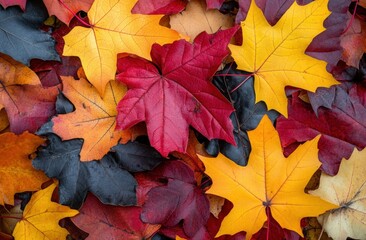 Fototapeta premium A vibrant close-up of autumn leaves in rich red, orange, and yellow hues on the ground