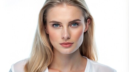 Naklejka premium Close-up portrait of a beautiful young woman with blonde hair and blue eyes looking directly at the camera.
