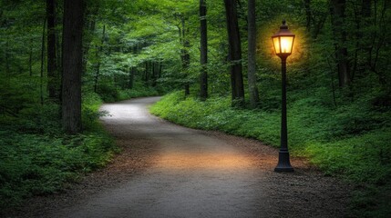 Fototapeta premium A winding path through a serene forest is softly illuminated by a glowing lantern, creating a warm ambiance amidst the dark trees at night