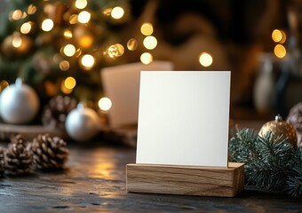 Christmas card mockup on a wooden stand with a festive background, featuring holiday lights, ornaments, and pine branches, suitable for seasonal branding or greeting card promotions