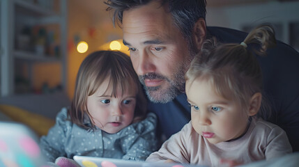 A father and his two young daughters share an intimate moment, reading a storybook together in a warmly lit, cozy room