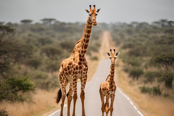 Obraz premium Giraffe Mother with her Calf on the Road