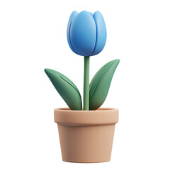 3D icon of a blue tulip in a pot on transparent background, 3D tulip flower on pot 3d icon illustration cartoon style.
