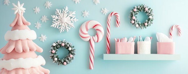 Festive Christmas decorations with pink candy canes, wreaths, and a tree against a light blue background, evoking holiday spirit and joy.