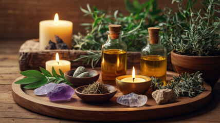 Natural Oils and Poultices on Wooden Tray Display