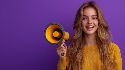 A young woman smiles while holding a megaphone against a vibrant purple background.