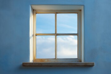 Fototapeta premium Natural light streams through a wooden window with a blue wall, framed by calm cloudy skies