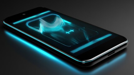 Futuristic smartphone with glowing holographic display on black surface