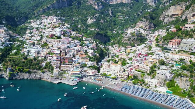 Aerial view of the Positano,  this vertical town is a resort destination and international fashion center.
